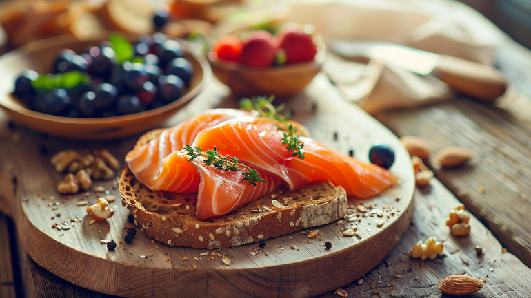 Lachs auf Brot mit Beeren und Nüssen